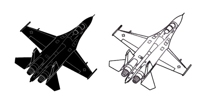 Minimal black silhouette icon, simple flat vector, bold black shape, no, no shading silhouette and line art of a modern fighter jet aircraft on a, flat icon style