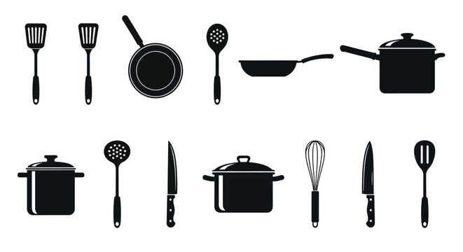 Black silhouette icons of kitchen utensils, cookware, pots, pans, spatulas, knives, and cooking tools for culinary design