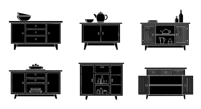 Minimal black silhouette icon, simple flat vector, bold black shape, no, no shading set of modern sideboards and cabinets with kitchenware and decor items on a, flat icon style
