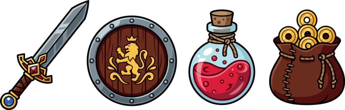 Fantasy RPG Game Asset Icon Set Featuring Golden Hilt Sword Royal Lion Wooden Shield Red Magic Potion Bottle and Leather Gold Coin Pouch Vector Illustrations