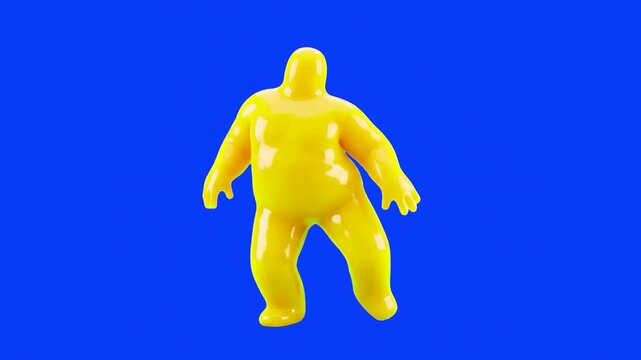 A smooth, bright yellow plastic humanoid figure performs a continuous dance loop on a solid blue screen background. The reflective 3D rendering highlights bright reflections across the character's bod