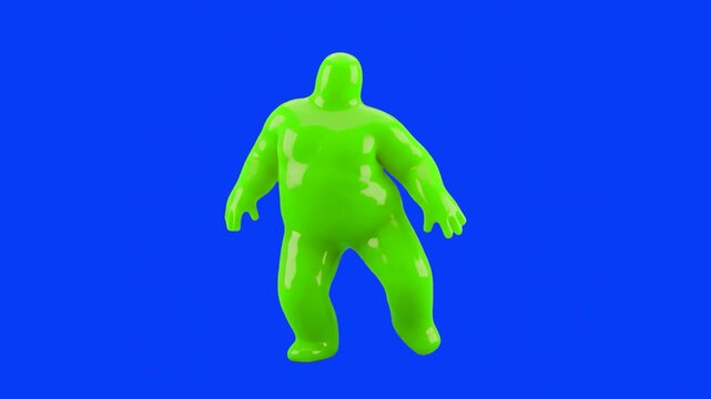 A glossy lime green plasticine character performs a comical dance against a solid blue screen backdrop. This vibrant 3D animation asset is tailored for effortless blue screen keying and background rep