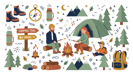 Naklejka premium Family Camping and Hiking Adventure Vector Illustration Set