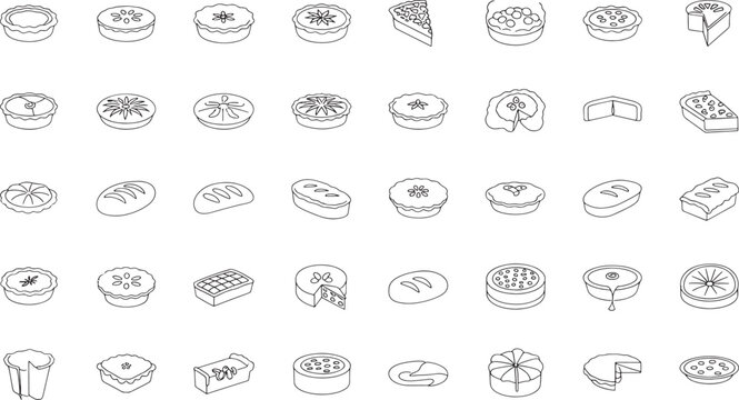 Line drawing of various types of cakes pies and breads on white background