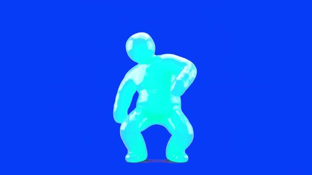 A glossy, wet-textured cyan blue humanoid goo figure performs a playful dance against a matching solid blue studio backdrop. Ideal for colorful, high-energy pop culture loops, tech ads, or stylized mu