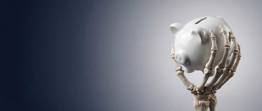 Human skeleton hands holding a white ceramic piggy bank against a grey background