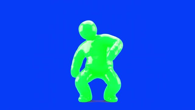 A glossy lime green plasticine character performs a comical dance against a solid blue screen backdrop. This vibrant 3D animation asset is tailored for effortless blue screen keying and background rep