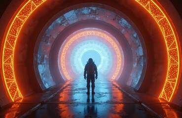 Fototapeta premium Person in spacesuit walks through glowing tunnel with orange and blue lights. Futuristic corridor with circular design leads to bright portal or exit. Sci-fi, exploration, journey concept.