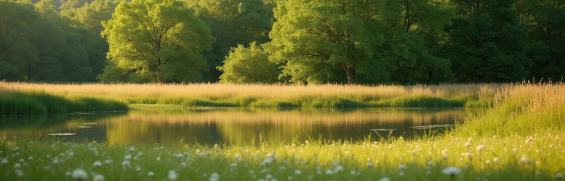 Calm lake reflects green trees and golden grass field. Small white flowers dot foreground meadow. Lush forest borders water edge. Peaceful natural scenery.