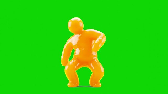 A glossy orange plasticine character performs a comical dance against a solid green screen backdrop. This vibrant 3D animation is tailored for effortless background replacement in commercials and play