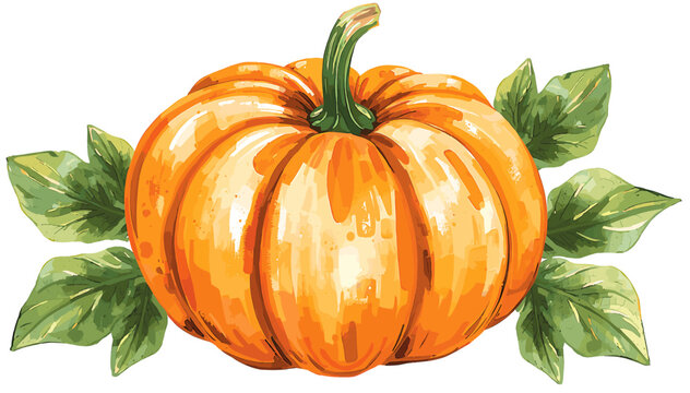 Vibrant watercolor illustration of a plump orange pumpkin with a green stem and lush green leaves, perfect for autumn and harvest themes.