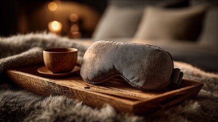 Fototapeta premium Plush sleep mask on a rustic wooden tray in a cozy bedroom setting with warm ambient lighting, creating a relaxing night routine and wellness atmosphere.