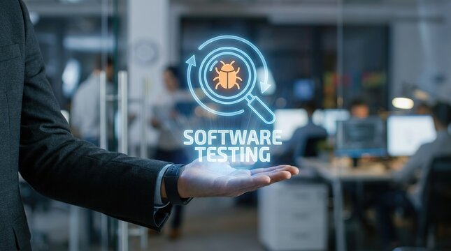 Person's hand displaying software testing concept with digital bug icon in modern office environment