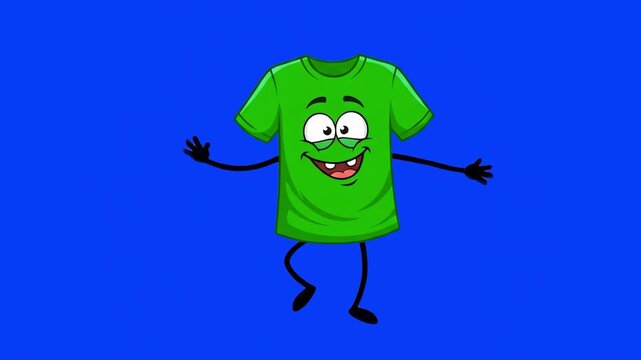 A cheerful, animated green t-shirt character with cartoon eyes and a goofy smile performs a lively dance. The 2D vector illustration is keyed on a solid blue screen background for seamless retail, app