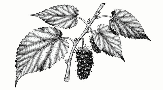 Mulberry Branch with Fruit and Leaves - Vintage Botanical Illustration