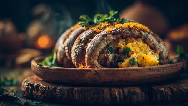 food Brazilian food Hearty stuffed potato, a culinary masterpiece, showcases plump potatoes filled with savory ingredients and herbs, presented beautifully on a rustic wooden plate. Brazilian food