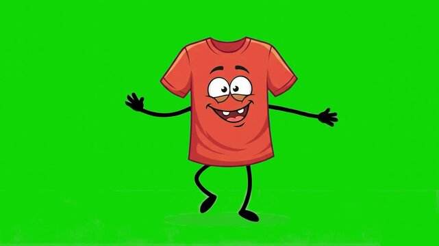 A funny anthropomorphic red t-shirt character with stick limbs and a big grin dances enthusiastically. This 2D animated garment asset is set against a green screen background for easy inclusion in pro