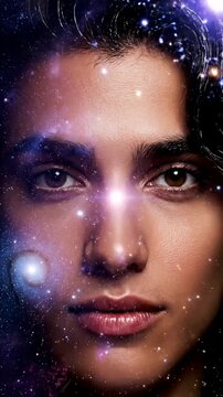 Man face portrait merging with vibrant purple space nebula.