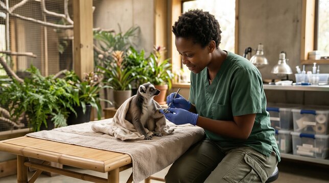 African american female veterinarian examining a sick ring tailed lemur wrapped in a towel on a wooden table. Wildlife medical professional providing healthcare to exotic wild animal.