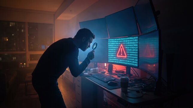 IT Security Analyst Inspecting Critical Alert with Magnifying Glass on Computer Monitors in Dark Office for Cybersecurity Forensic Investigation