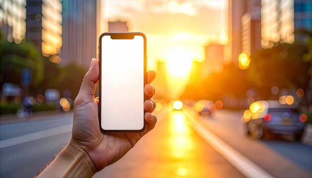 夕暮れ時の都会の街並みをバックにスマートフォンを掲げる手元（画面白）