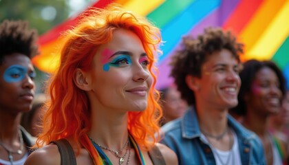 Obraz premium Diverse group of people celebrate pride at festival with rainbow flags. Young men and women smile, wear bright makeup. Community enjoys outdoor event supporting lgbtq rights.