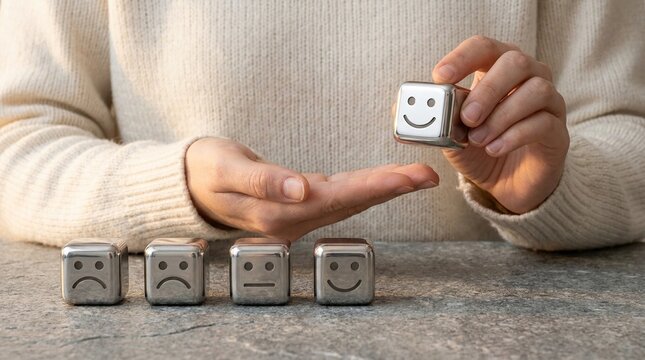 Person holding a smiley face cube over a row of expression cubes on a stone surface in natural light