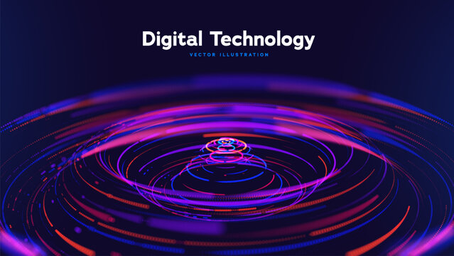 Big Data Technology Background Featuring Abstract Digital Technology Waves, Neon Particle Vortex Digital Transformation Flow. Modern Analytics And Information Processing Concept. Vector Illustration.