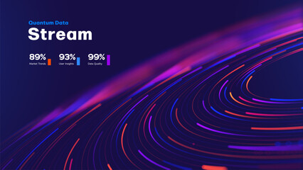 Naklejka premium Quantum Data Stream, Big Data Visualization, AI Technology Background With Dynamic Neon Light Trails, Digital Information Flow And Futuristic Analytics Network. Data Streams. Vector Illustration.