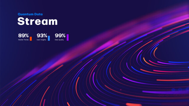 Quantum Data Stream, Big Data Visualization, AI Technology Background With Dynamic Neon Light Trails, Digital Information Flow And Futuristic Analytics Network. Data Streams. Vector Illustration.
