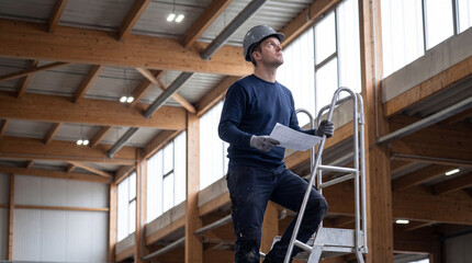 Fototapeta premium Warehouse Renovation Worker Mid Ladder Pause Under Overhead Structure