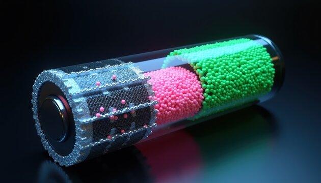 Lithium ion battery internal structure shows layers of pink and green spheres representing ions. Scientific illustration of energy storage cell. Power source components visible.