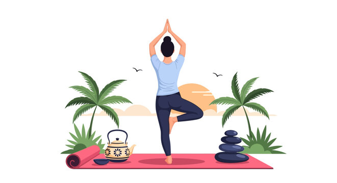 Woman practicing yoga tree pose on beach with palm trees and sunset.