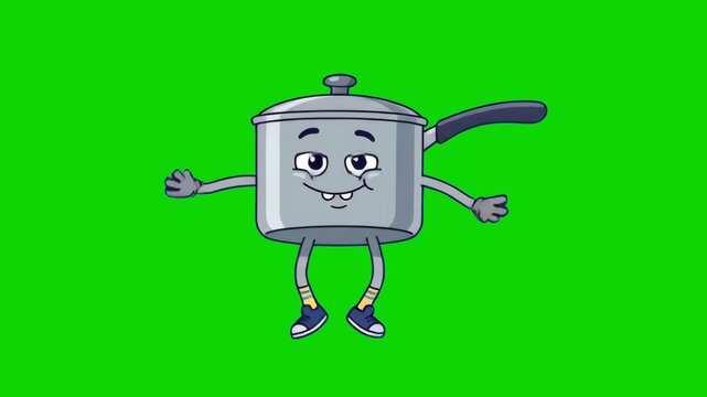 A funny 2D animated stainless steel cooking pot character with arms, legs, and a face dances cheerfully. The cartoon kitchen utensil is isolated on a chroma key green screen for broadcast and promotio