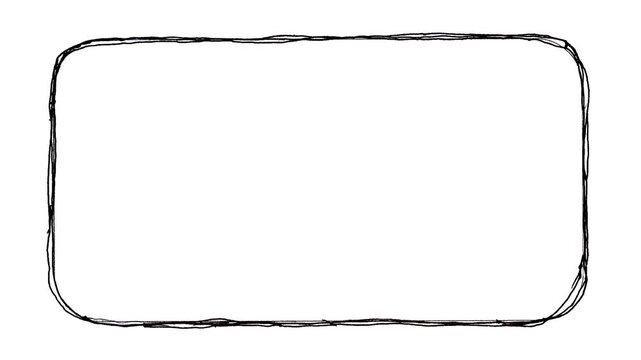 Black hand-drawn rectangle animation, sketchy rounded frame motion graphic, doodle border isolated on white background, minimalist drawing element for titles, creative asset