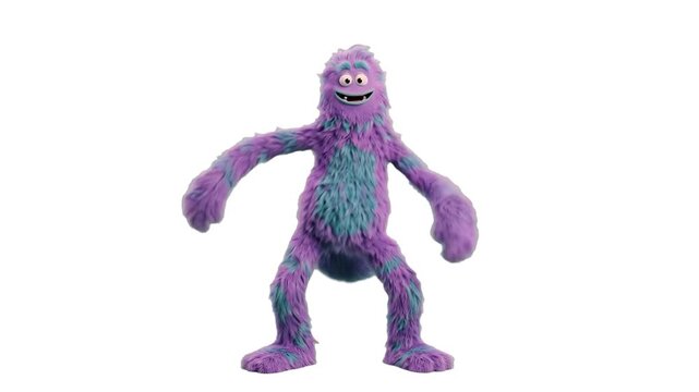 A playful 3D animated furry monster with purple and teal hair dances happily against a clean, isolated white background. The high-key minimalist setting makes this character perfect for direct integra