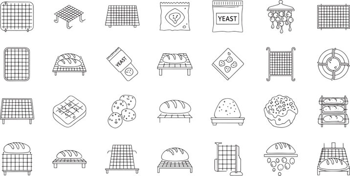 Black and white line drawing illustrations of baking icons including cooling racks bread loaves yeast packets cookies baking sheets and kitchen utensils for cooking and baking  baking icons set