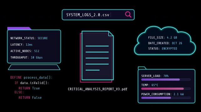 Motion graphics overlay of a futuristic computer HUD interface and data analytics dashboard on a deep black background