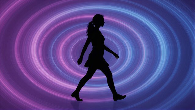 Silhouette of a girl walking through swirling purple and blue light trails.