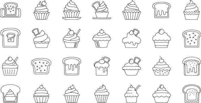 Line drawn bakery icons including cupcakes and bread slices on white background
