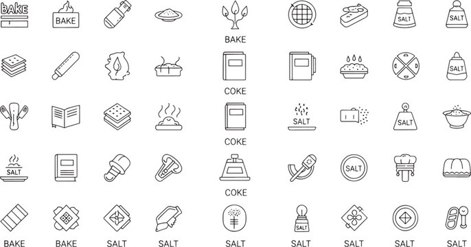 Linedrawingsofbakingandcookingiconsincludingsaltandspicesandfoodandkitchenutensilsandovenandgrillandmicrowaveandbakingpowderandingredients
