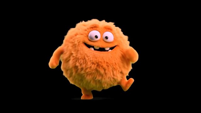 A cheerful, fuzzy orange cartoon monster with large expressive eyes dances happily against an isolated black background. The 3D animation relies on detailed fur simulation, making it versatile for ove