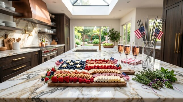Patriotic charcuterie board on marble kitchen island with american flags