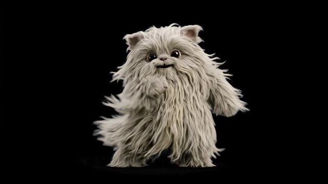 A charming 3D illustration of a grey fluffy furry creature or yeti-like monster happily dancing, set against a dark black backdrop. Great for fun character animation projects, mascot designs, kids' en