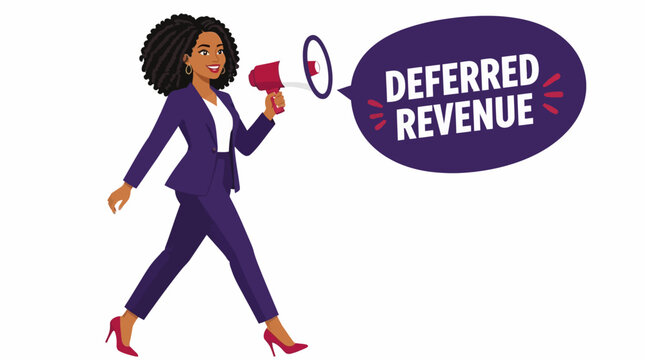 Businesswoman announcing deferred revenue concept with megaphone.