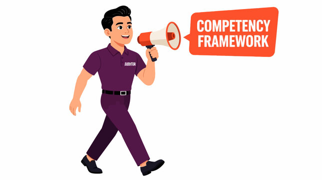 Businessman holding megaphone with competency framework text.