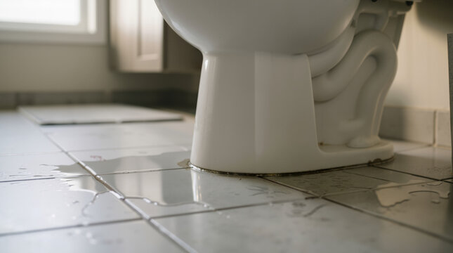 Overflowing toilet leaking water on bathroom floor. Plumbing emergency and home maintenance issue