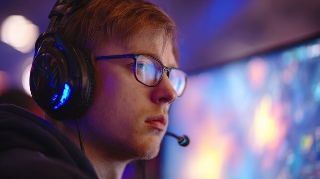 Young serious gamer wearing headset with microphone focused on a colorful computer screen while immersed in online gaming during nighttime session