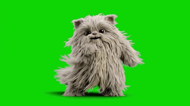 A fluffy, long-haired grey monster character dancing happily against a bright green screen background. This playful 3D animation asset is perfect for children's entertainment, friendly mascot branding