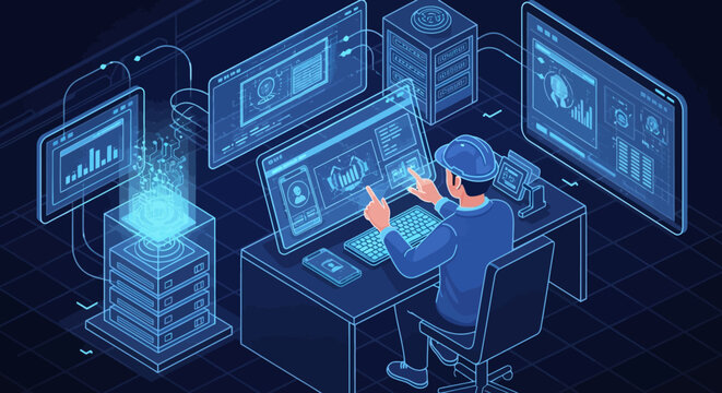 Man working on multiple computer screens in a futuristic office setting.